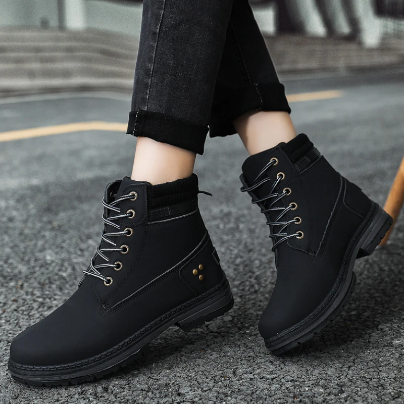 Plus Size Women\'s Boots Thick Bottom Round Toe Footwear Spring Autumn Lace Up Solid Colour Hiking Shoes Botas Para Mujeres