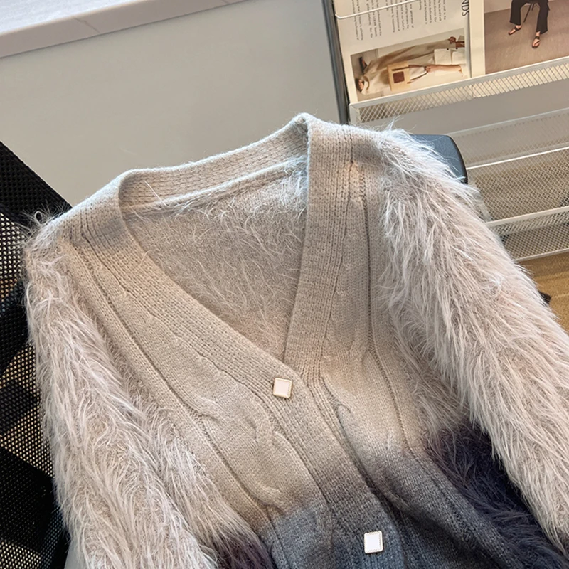 Pull en laine Haima pour femme, manteau à col en V, manches longues, chaud et nickel é, grande taille, automne et hiver 2024