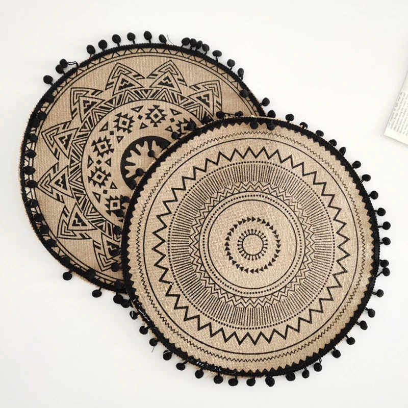 Bohemian Round Placemat 38cm Woven Jute Fringe Table Mats with Tassel for Dining Room INS Hot Table Decors