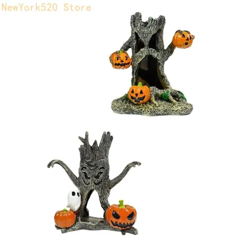N84C Halloween Fish Tanks Dekorasi Stump Labu Rumah Resin Patung
