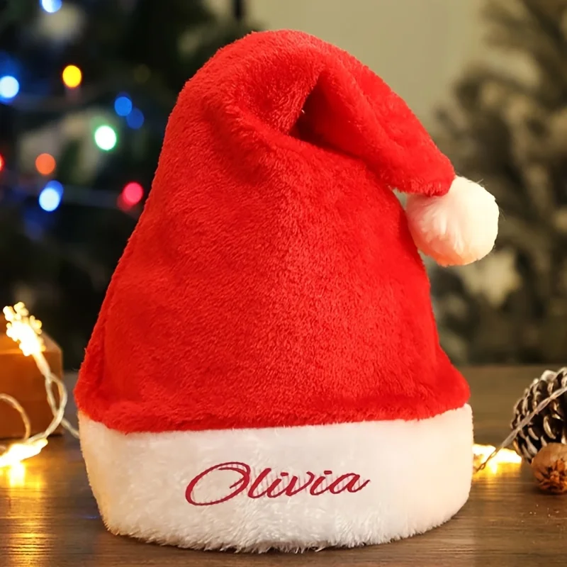 Personalized Christmas Santa Hat Custom Name Embroidery Red White Plush Xmas Cap Holiday Party Photo Prop New Year Gift - view 4
