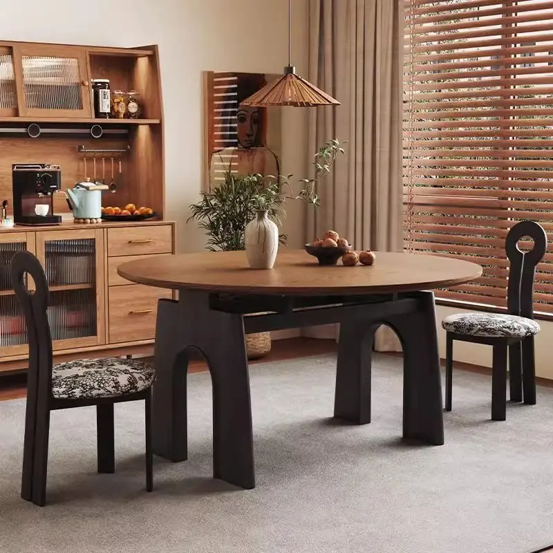 Solid wood dining table household telescopic folding variable round eating table wooden track jumping platform tables and chairs