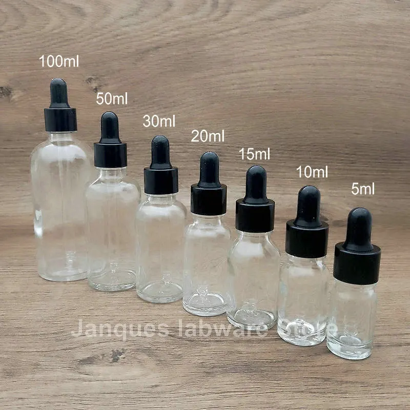 Botella cuentagotas de vidrio transparente con tapa de rosca negra, botellas de aceite esencial con pipeta de vidrio, laboratorio, 5ml a 100ml, 10