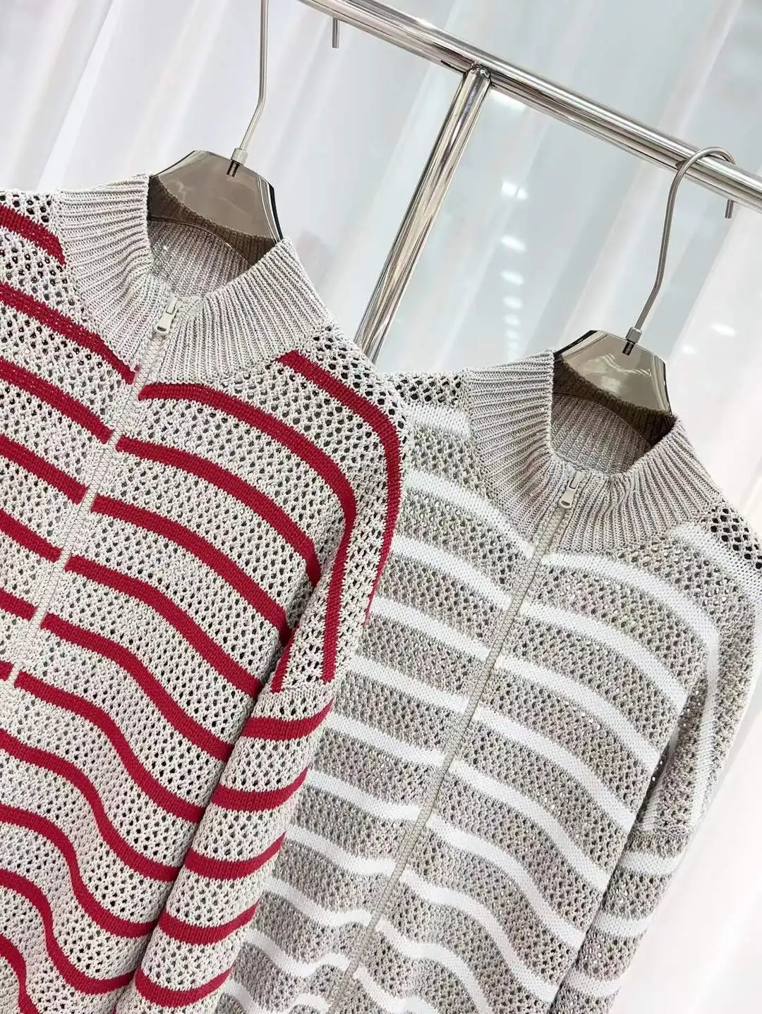 Women's Autumn Striped Zip-Up Mock-Neck Linen Cut-Out Knit Cardigan