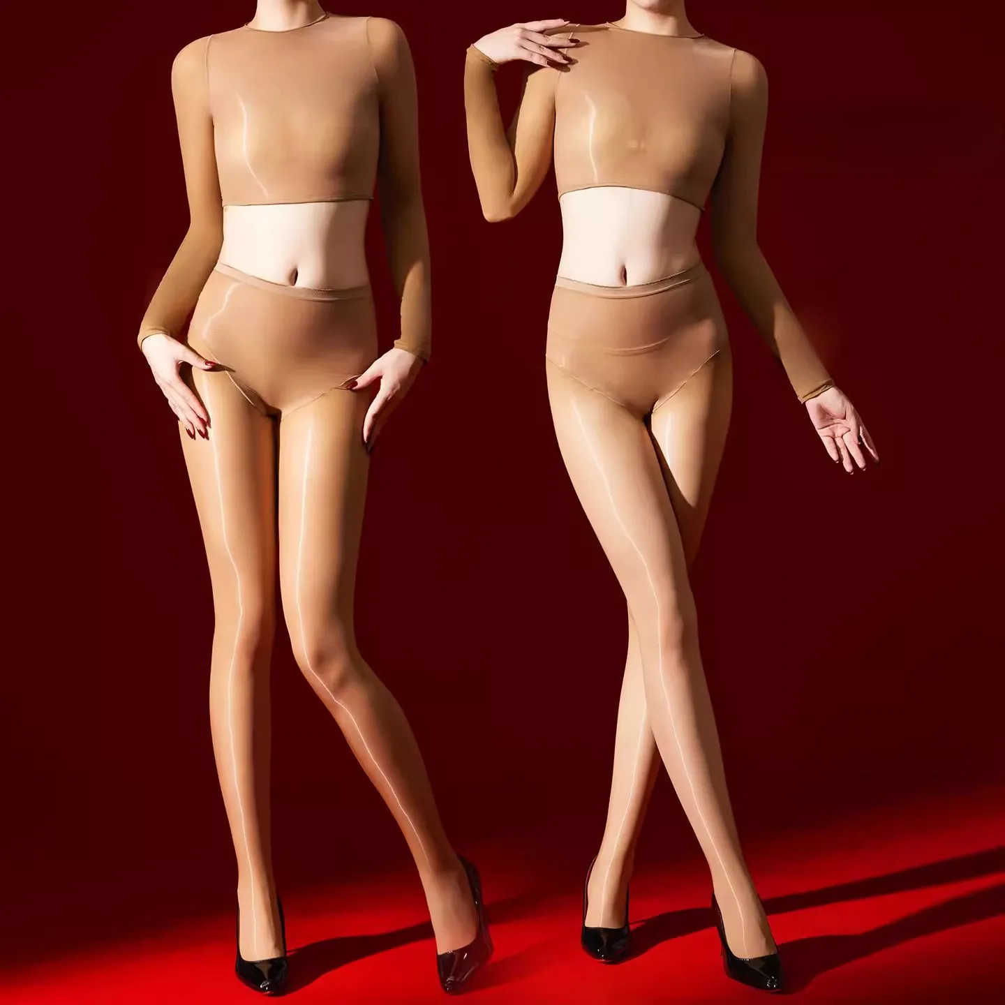 초박형 투명 섹시한 바디수트 세트 여성용 매끄러운 슬립온 팬호스 오픈 크로치 원피스 수트 나일론 원단