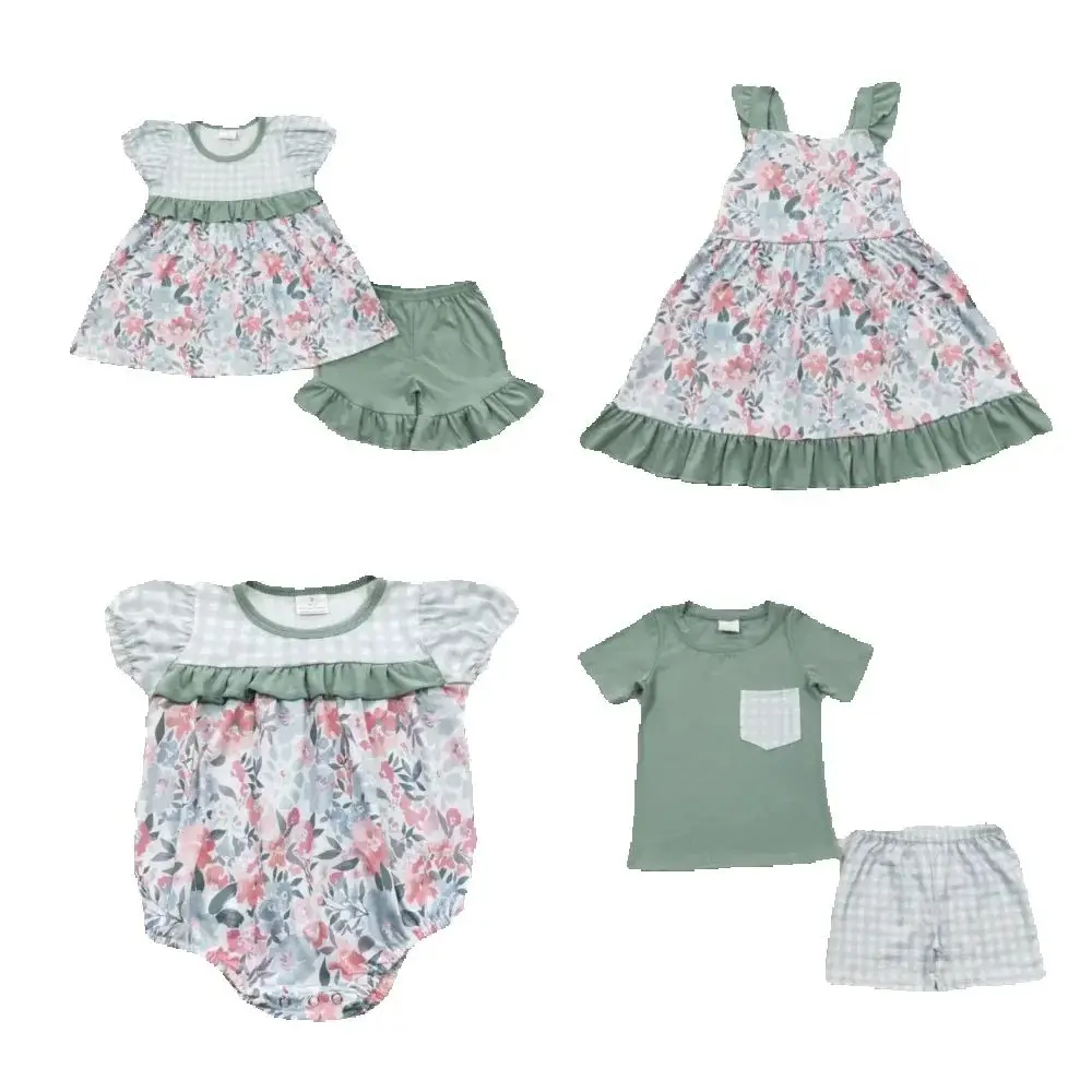 

Sibling Baby Girl Summer Outfits Green Floral Outfits Short Sleeve Clothes Sets