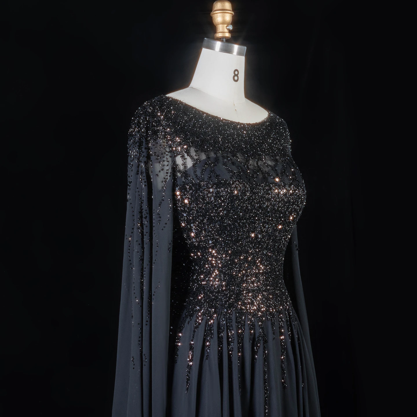 Sharon Said Abendkleid Luxuriöses A-Linien-Kleid mit Pailletten, Cape-Ärmeln und Perlen für Hochzeit, Abschlussball, Dubai, formelle Party, Ballkleid SS105, maßgeschneidert – Detail 24