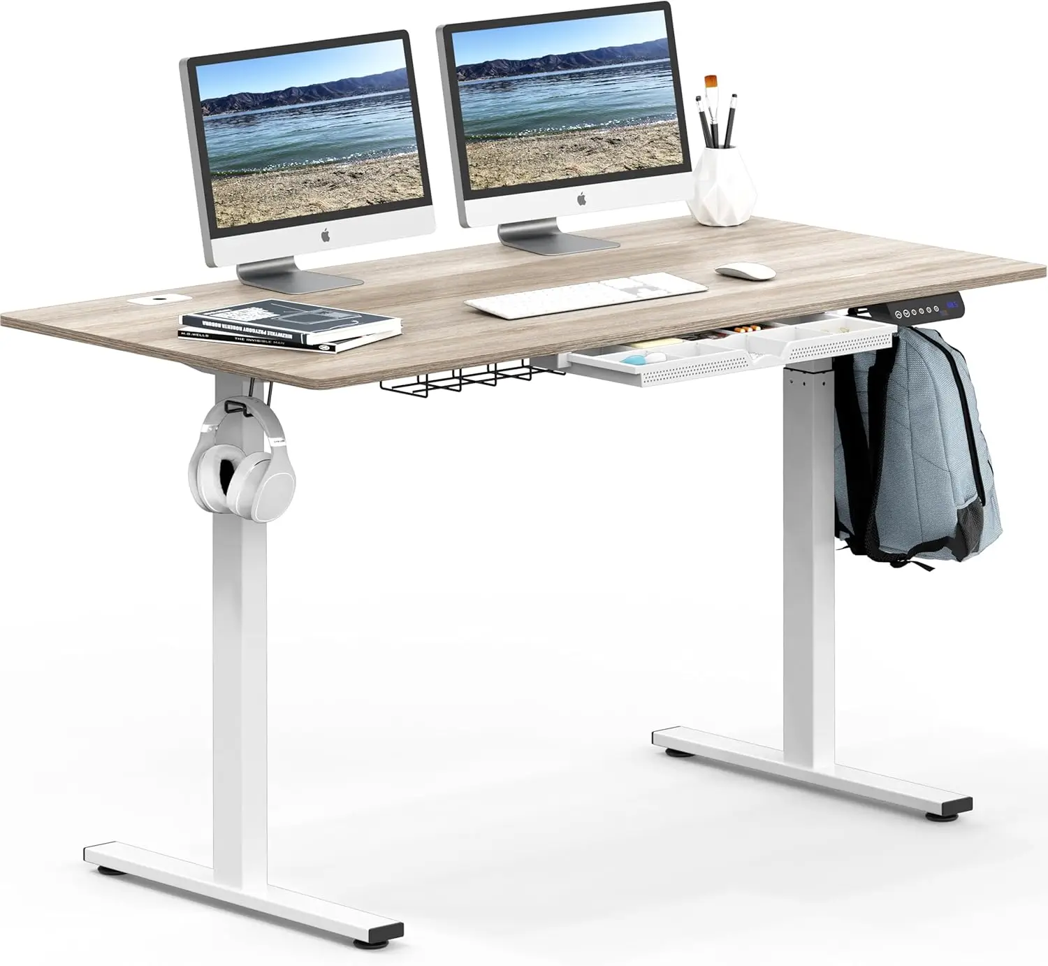 

55 x 28 Inches Electric Height Adjustable Standing Desk with Drawer and Memory Preset, Maple