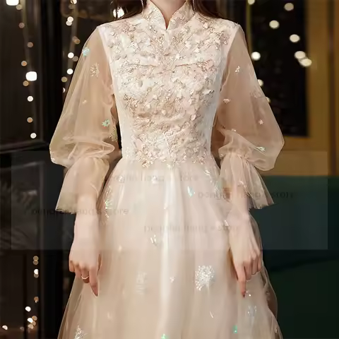 Chinese Style Evening Dress Gorgeous Mesh Sleeve Qipao Luxury Sequins Appliques Prom Gown Women Long Celebrity Banquet Dress