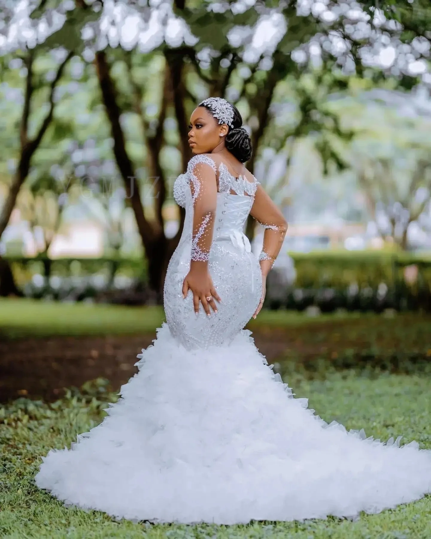 عالية الجودة اللؤلؤ الخرز فساتين الزفاف الأفريقية الفاخرة حورية البحر الوهم كم الكشكشة قطار ثوب الزفاف مخصص #3
