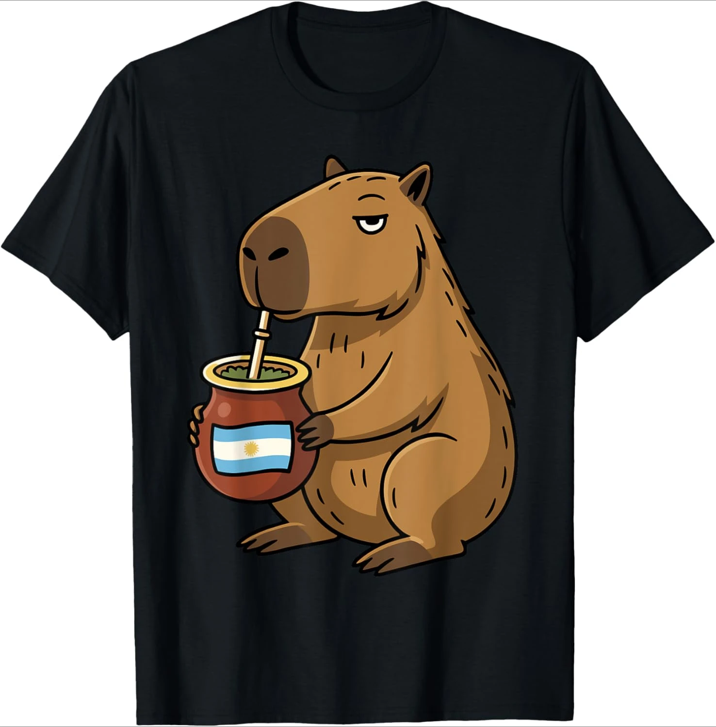 Capibara argentino Yerba Mate Lindo capibara Argentina Diseño de patrón de bandera-100% algodón Camiseta casual estampada con cuello redondo para hombre.