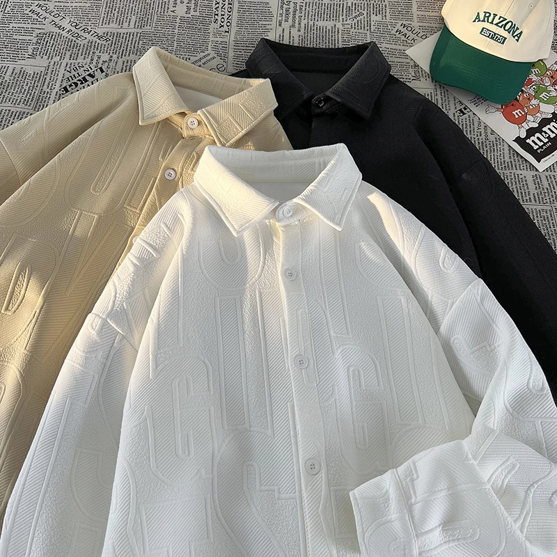 

Men's Long Sve Embroidered irt Vintage American Sle Oversize Loose Fit Collared Outerwear for Couples Trendy Autumn Wear