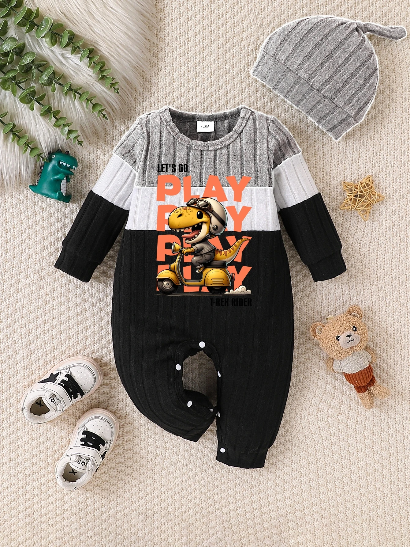 2-teiliger gerippter Neugeborenen-Strampler mit Mütze, Cartoon-Print, Farbblock-Design, Langarm-Baby-Jumpsuit-Set für Jungen von 0-18 Monaten – Detail 12