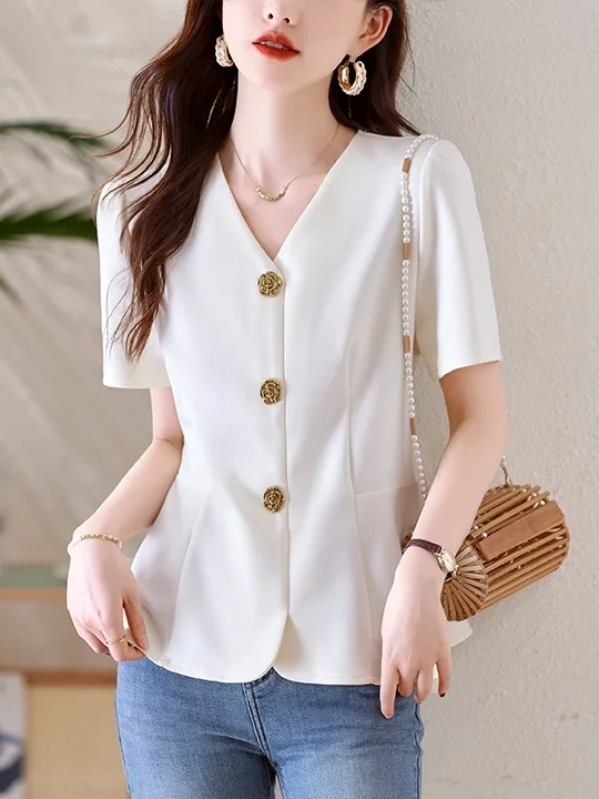 

Summer New plus Size Shirt Pure Color Fat MM Elegant Belly Covering Slimming Short Sleeve Women's Top Polyester Fiber V-neck