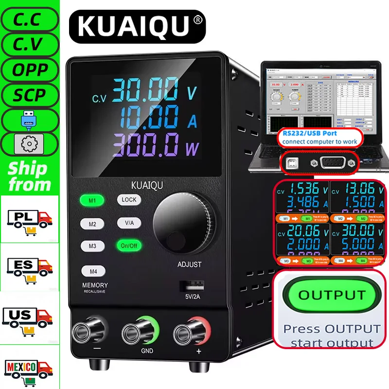 

KUAIQU блок питания постоянного тока 200 В, 300 В, 1 А, программируемый регулируемый лабораторный настольный источник питания 30 В с программным обеспечением для ПК, выходной выключатель