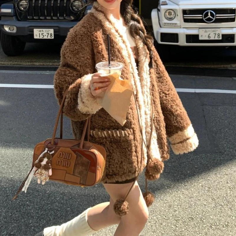 Abrigo grueso de estilo universitario para mujer, nuevo abrigo holgado y perezoso para mujer, Top de otoño e invierno