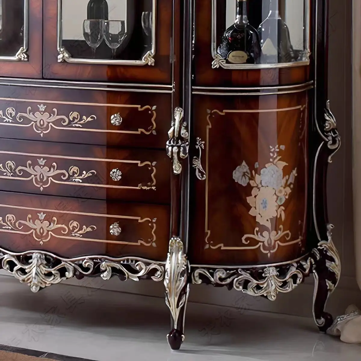 French Style Solid Wood Wine Cabinet Wall-Mounted Semicircle Display Cupboard 4-Door Antique Collection Curio Showcase