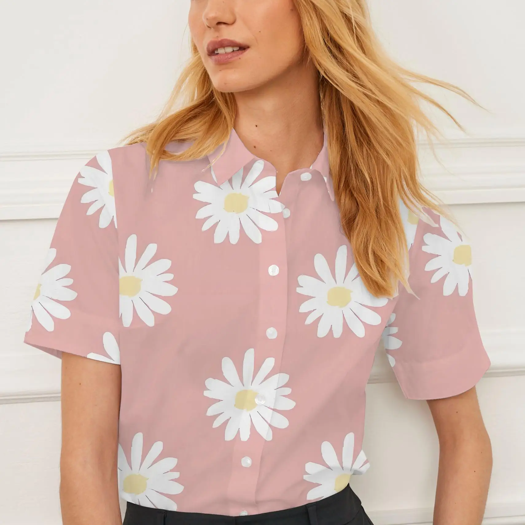 Рубашка с коротким рукавом, летняя женская одежда с лацканами, женские топы с принтом ромашки, модные повседневные дышащие индивидуальные топы