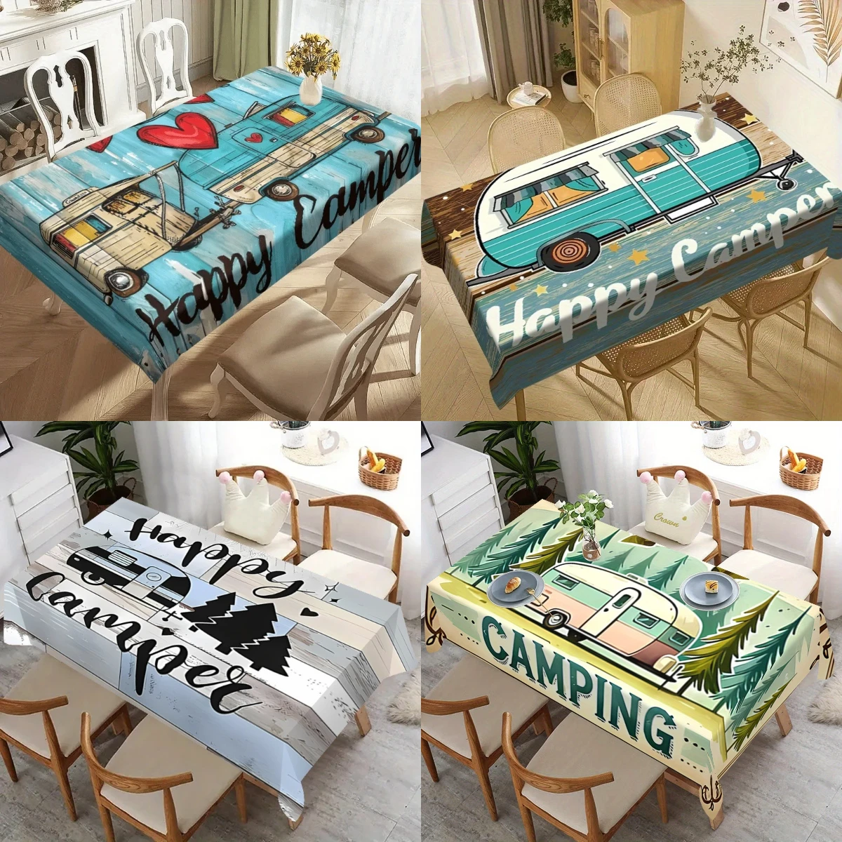 Happy Camper Mantel retro para acampar Camper vintage Van & Hearts Diseño de madera Cubierta de mesa duradera para uso en interiores y exteriores