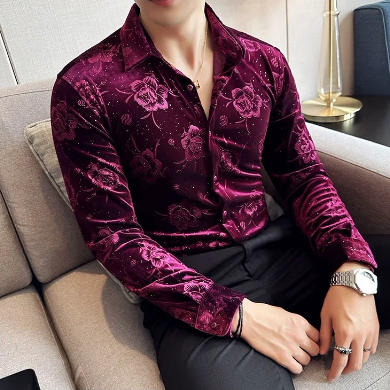 Men\'s Autumn Winter Velvet Flower Shirt New Luxury Printed Long Sleeved Casual Business Dress Shirts Formal Social Party Tuxedo