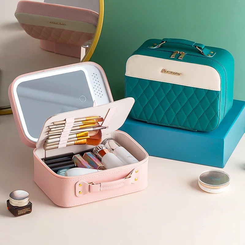 Needle sewing Diamond Pattern Lighted Cosmetic Case With Mirror LED Cosmetic Bag Large-capacity Waterproof Makeup Storage Box