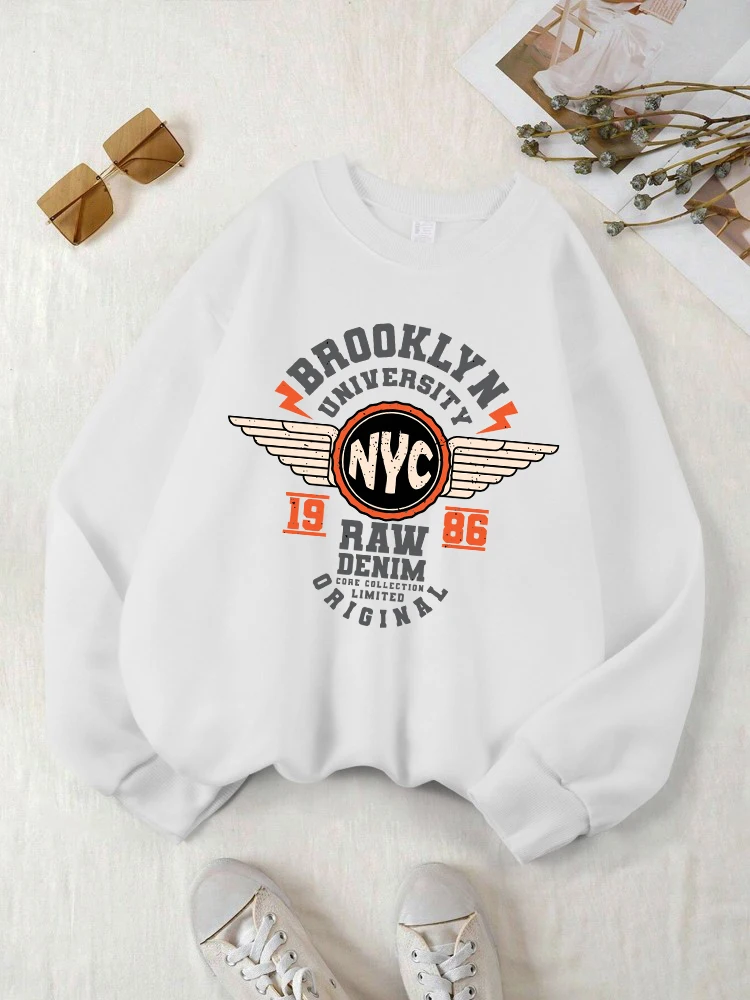 Brooklyn University Nyc Sweatshirts Womens Letter Prints Hoodies Fleece Warm Crewneck Loose Tops Winter Casual Female Clothes