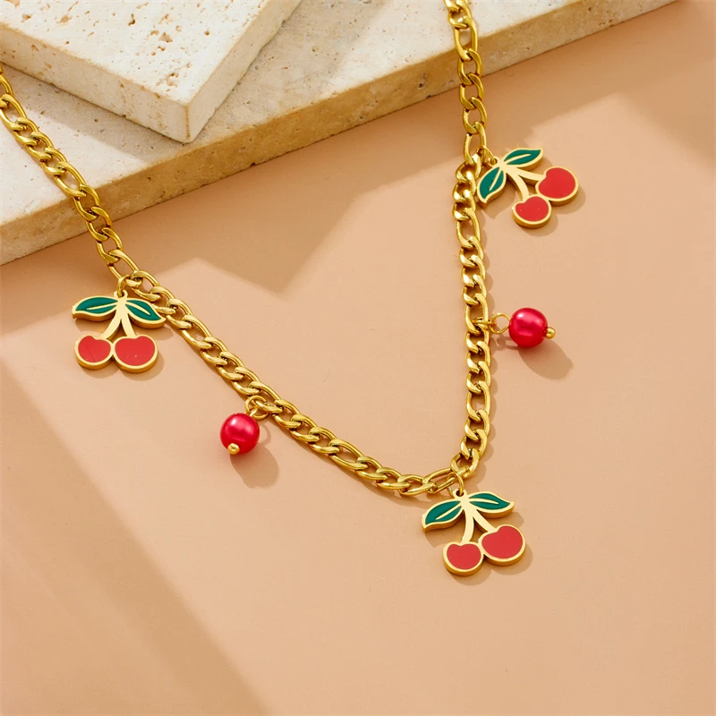 DIEYURO 316L Stainless Steel Red Cherry Fruit Pendant Necklace Earrings Bracelet Set Girl New Trend Waterproof Jewelry Gift Sets