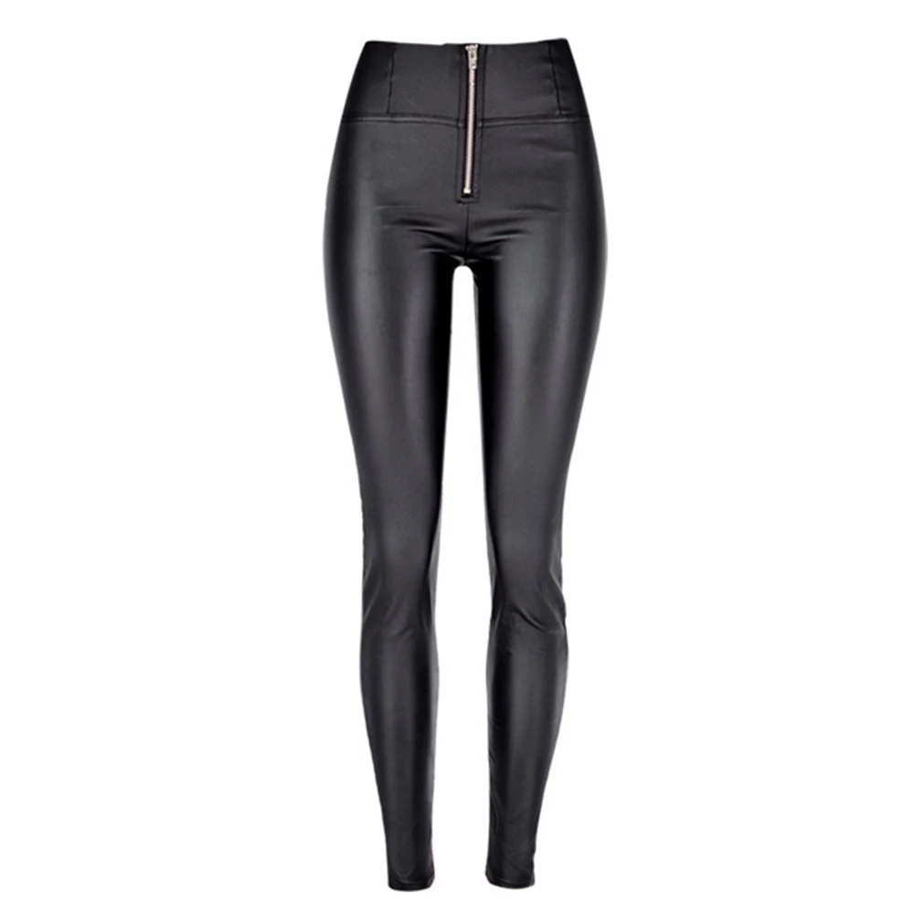 Zipper Fly Front High Waist Fake Pu Leather Women Leggings Slim Fit Pants Spring Autumn Skinny Pants for Sporty Yoga Workout