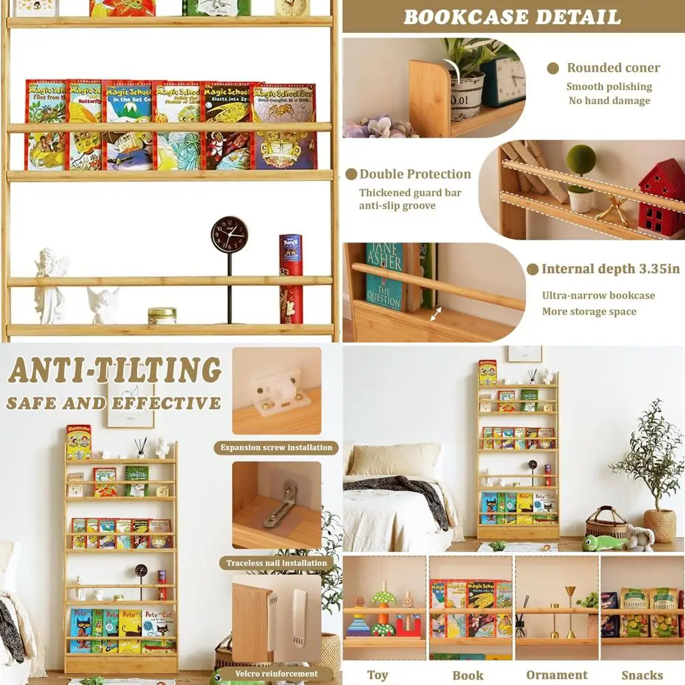 

Kids Bookshelf, 5 Tier Shelves Behind The Door Book Shelf Storage, Children's Bamboo Bookcase Space- Saving, Wall Mount Bookshel