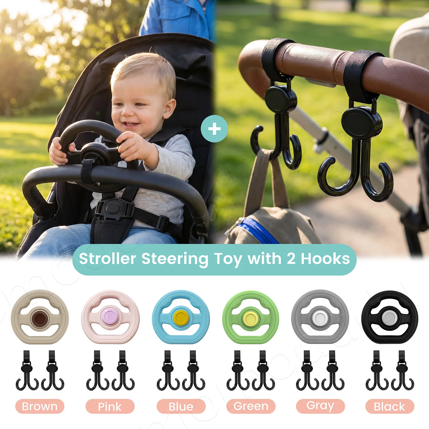 Baby Stroller Steering Wheel & Double Hook Stroller Hooks Set, Baby Stroller Accessories &  Bag Hanger Organizer Accessories