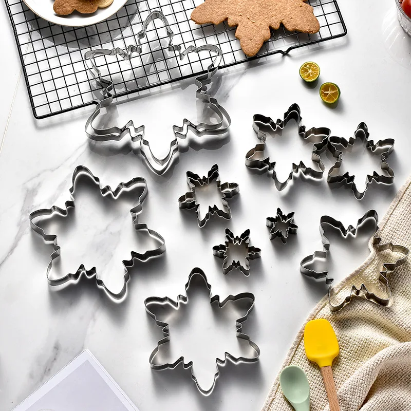 10pcs/set 3D Christmas Snowflake Cookie Cutter Stainless Steel Fondant Biscuit Embossing Mold Baking Accessories Kitchen Tools