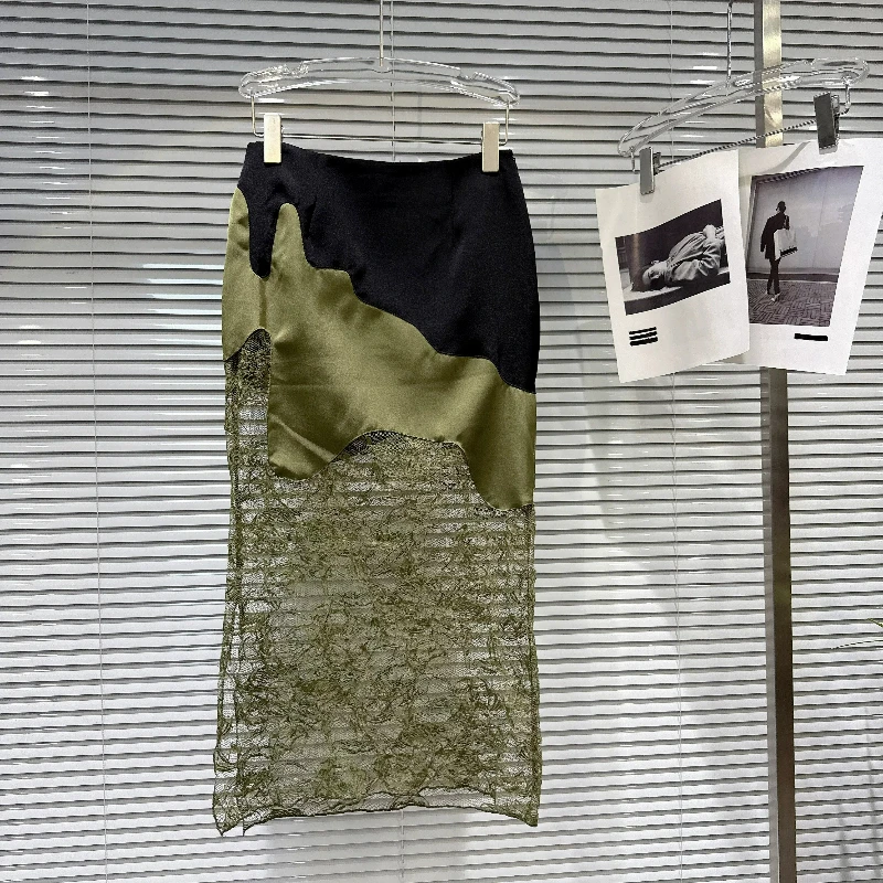 ZHUOFU Sexy Green Splicing Lace Hollow Out Women's Long Skirts French Design Sweet Temperament High Waist Fishtail Skirt Ladies