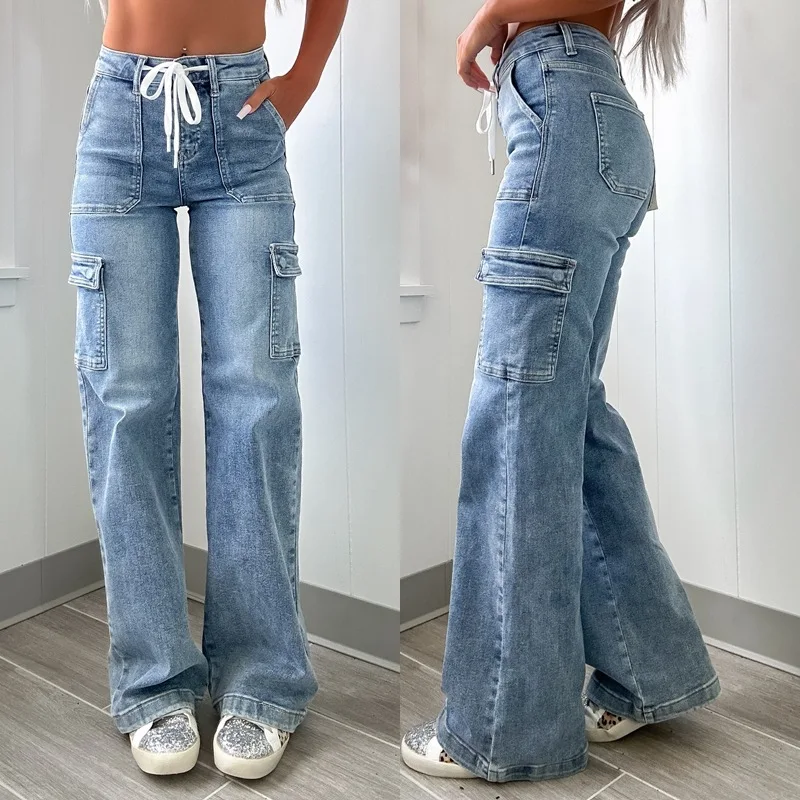 Hot selling spring and autumn American casual women's jeans Lace-up multi-pocket workwear straight leg jeans for women