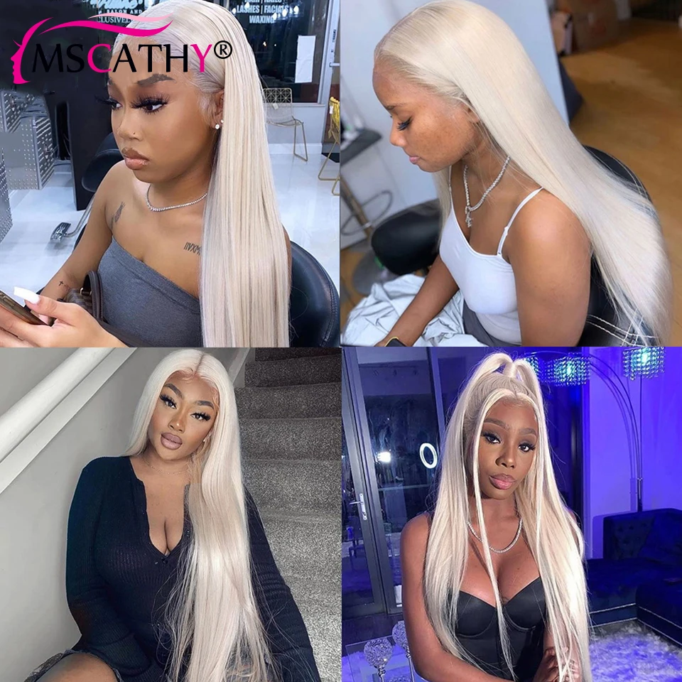 Platinum Colored Glueless Human Hair Wigs For Women Long Straight White Blonde Lace Front Wig Preplucked Transparent Lace Wigs