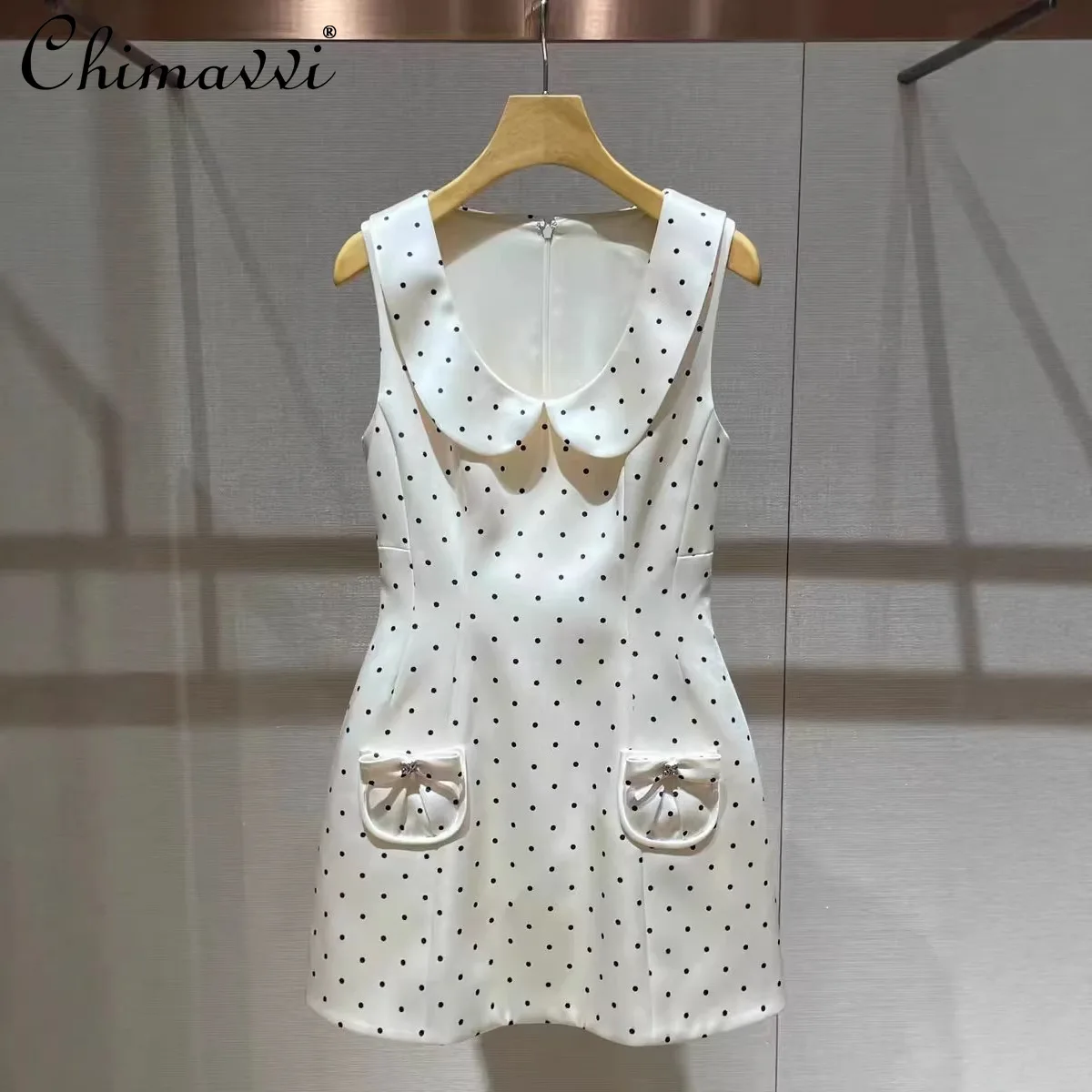 

French Elegant Sweet Socialite Deep Round Neck Sleeveless Bow Pocket Fashion Polka Dot Short Party Dress For Women Summer 2026
