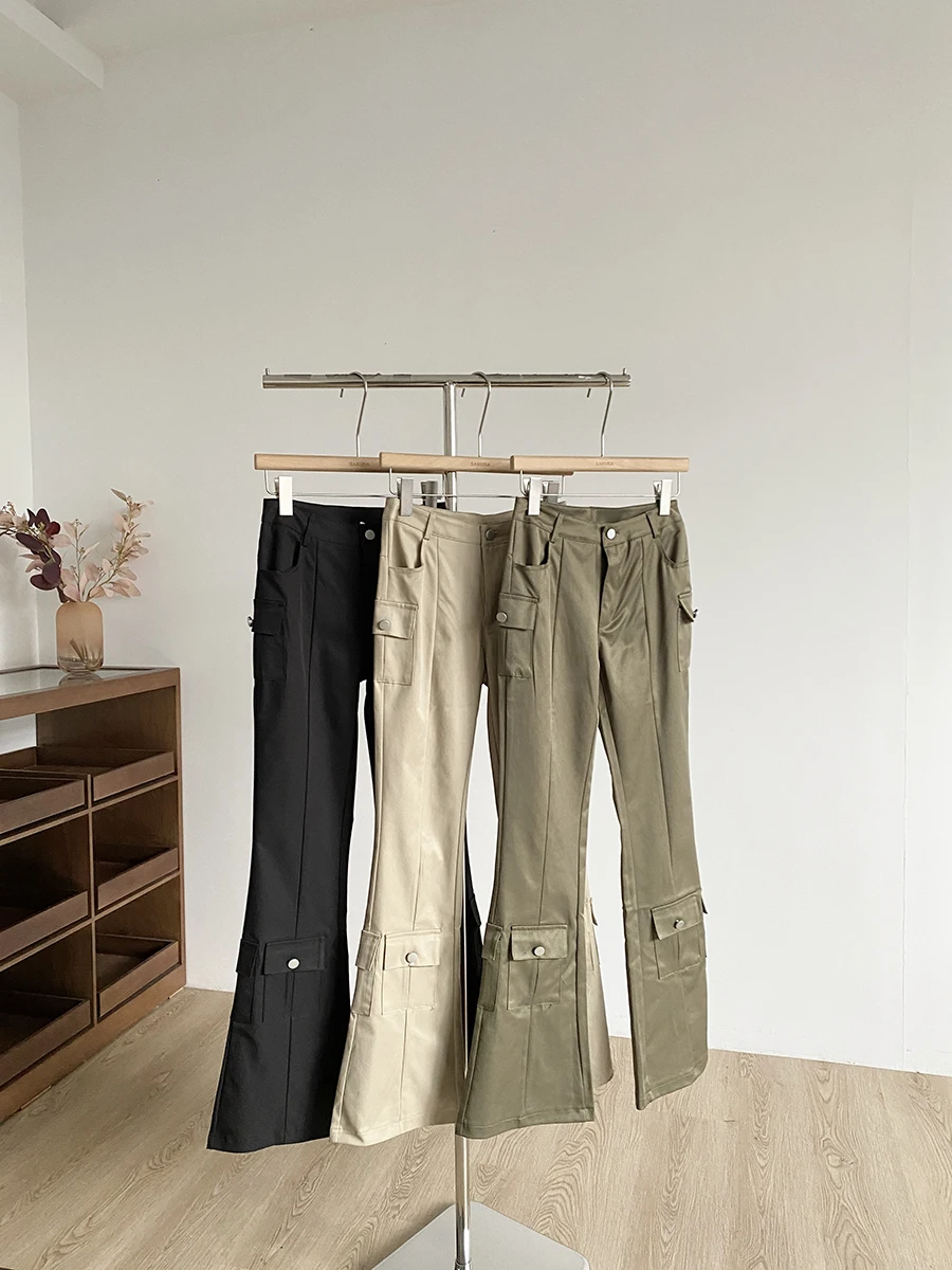 Summer 2025 High Waist Drapey Bell Bottoms Women's Fashion Retro American Style Multi Pocket Anti-Aging Workwear Pants