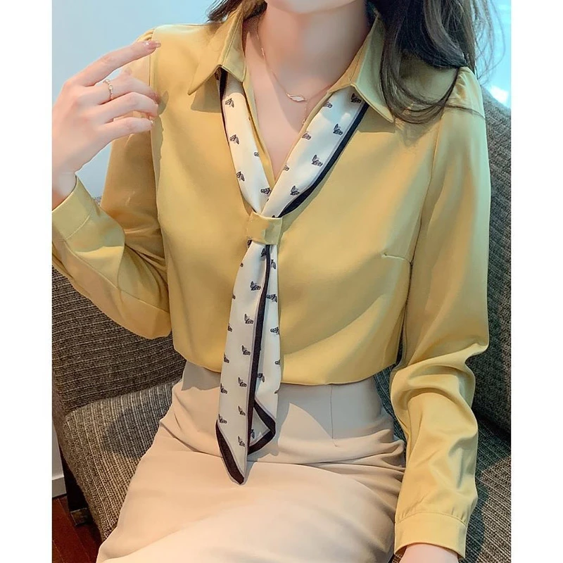 White Chiffon Shirt Tops Spring Autumn New Long Sleeve Polo Neck Solid Color Temperament Blouse Fashion Elegant Women Clothing