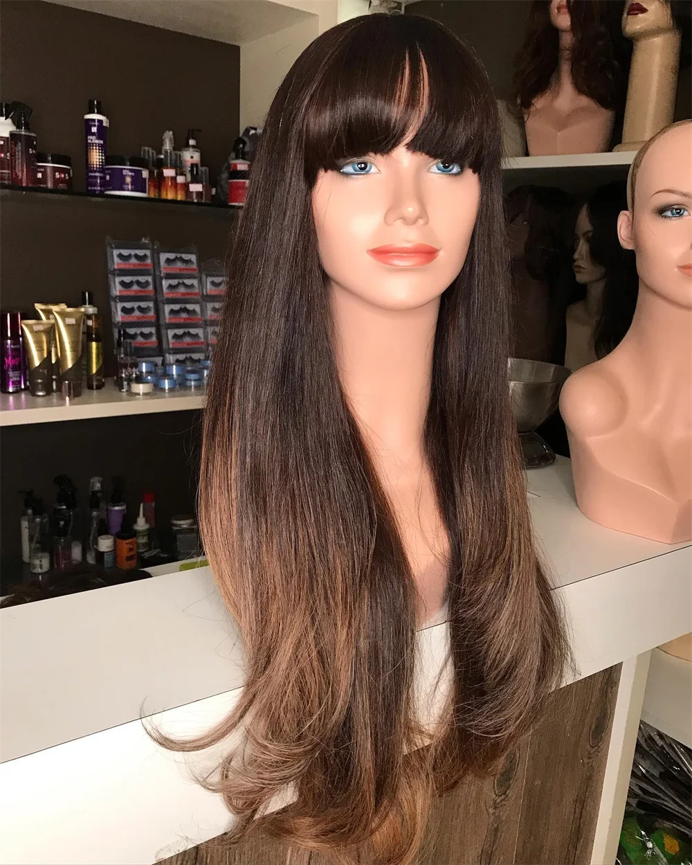 Synthetic Bangs Wig For Women Long Straight Fringe Synthetic Wigs Cosplay Brown Brunette Natural Hair Wigs High Heat HD Lace