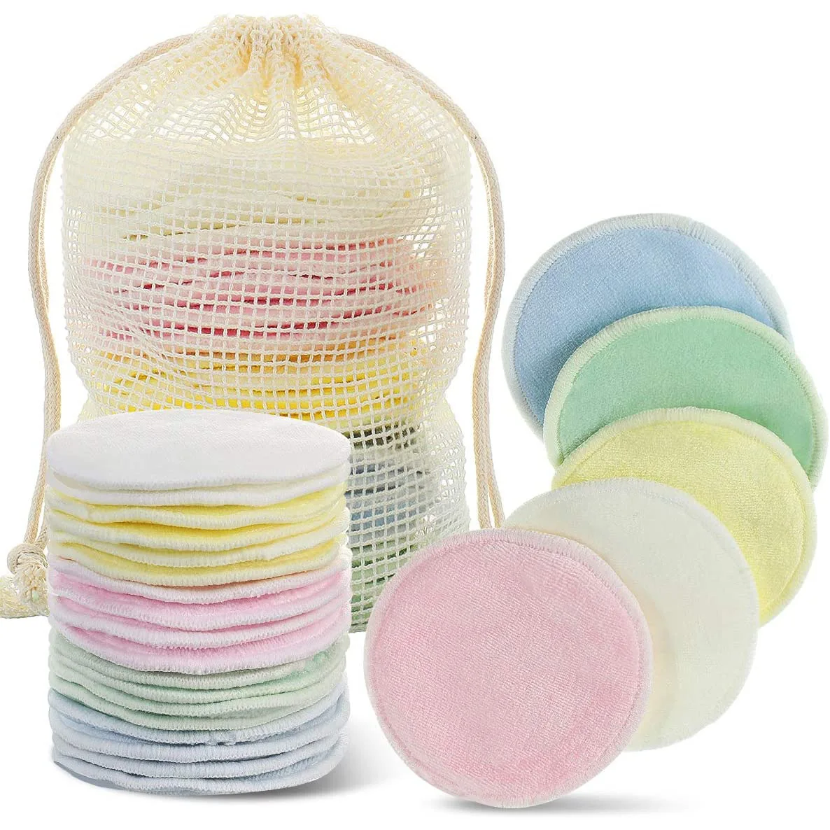 Reusable Bamboo Fiber Makeup Remover Pads 12pcs/Pack Washable Rounds Cleansing Facial Cotton Make Up Removal Pads Tool