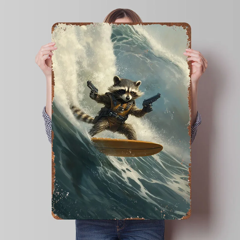 Rocket Raccoon Surfing Blechposter, personalisierte Wandkunst, Vintage-Metallschilder, Retro-Blechplakette für Schlafzimmerdekorationen, Haus