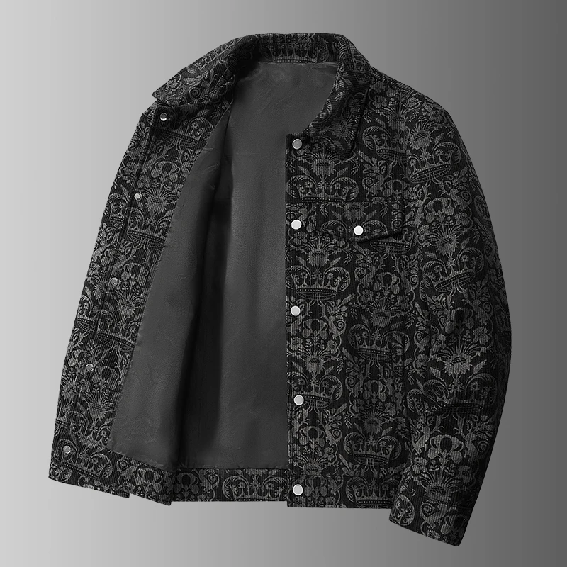 

New Chinese Sle Men's Jaet Spring Autumn Loose Corduroy Print Turn-down Collar Faionable Urban Loose Fit Polyester Fiber