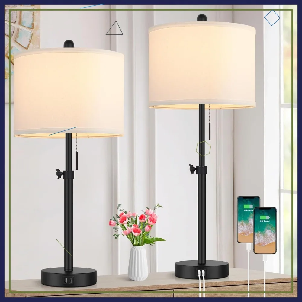 

Set of 2 Adjustable Black Table Lamps with White Shade, USB Ports, Pull Chain for Bedroom Nightstand or Living Room End Table