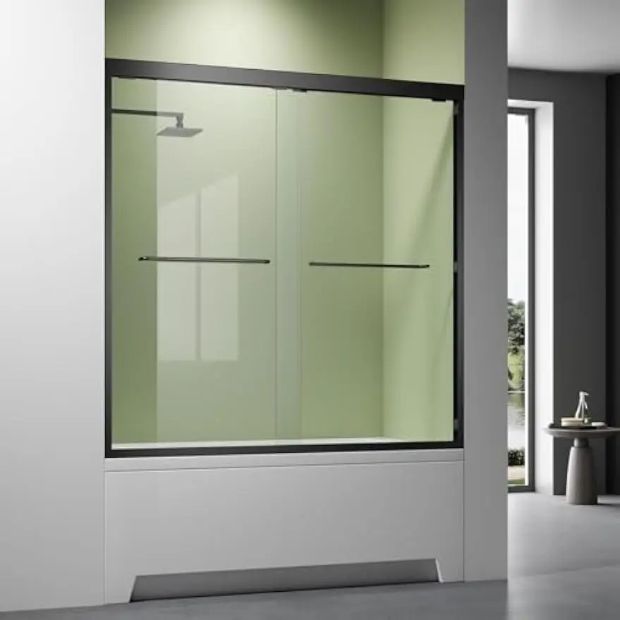 Bathtub Shower Door Bypass Double Sliding Semi Frameless Tempered Glass Matte Black Handle