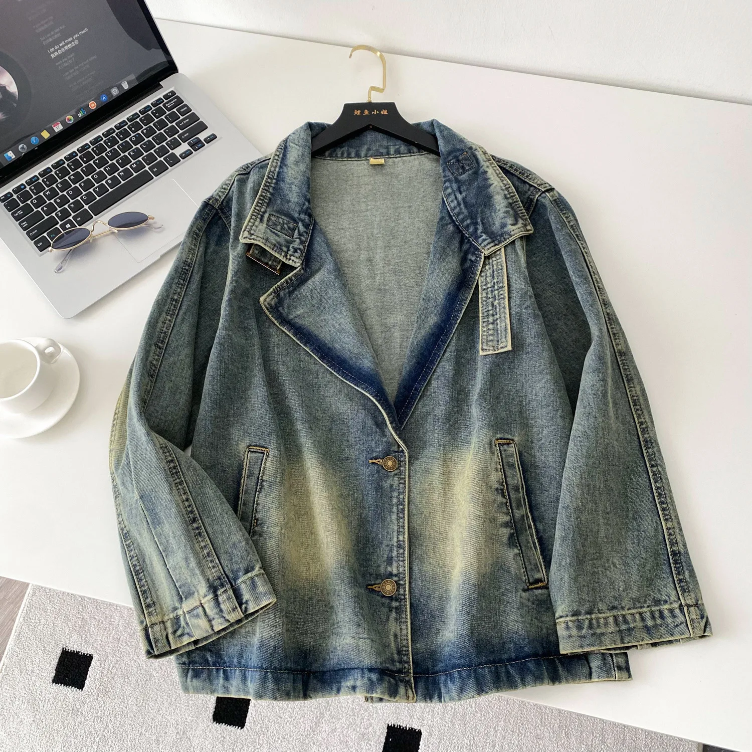 

Women Denim Coats Turn Down Collar Coat Y2k Streetwear Jackets Work Casual Loose Elegant Splice Jacket Autumn Winter 2025