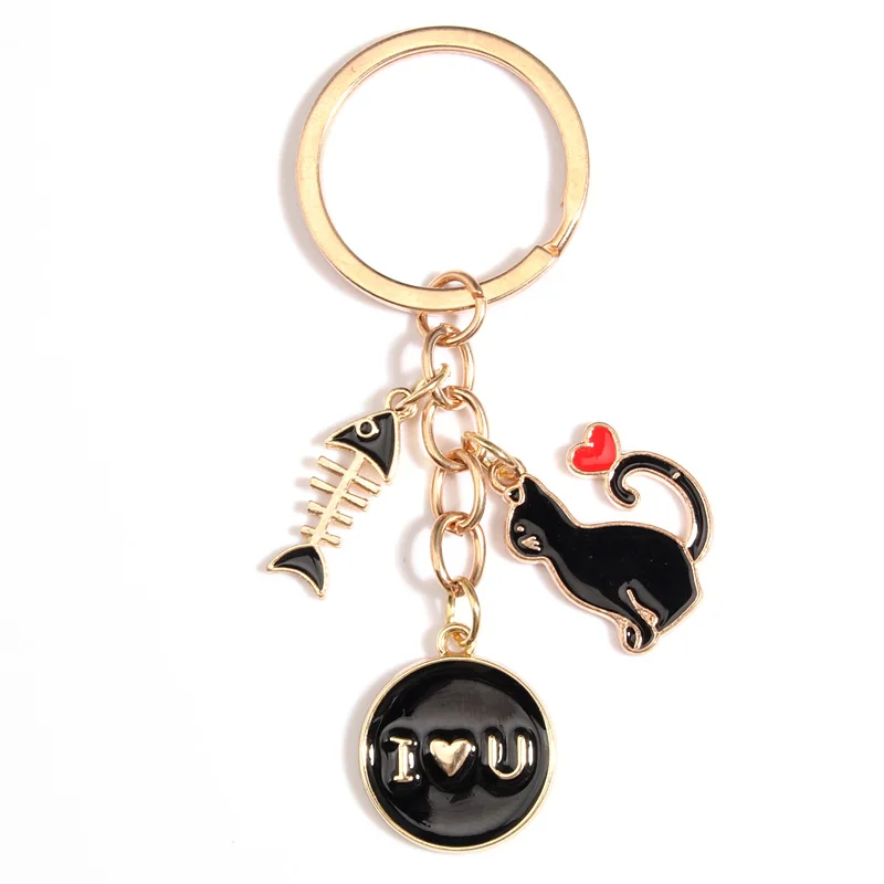 Cute Enamel Keychain Fishbone Heart Cat Key Ring I Love You Key Chains For Women Men Handbag Accessorie Handmade Jewelry Gifts