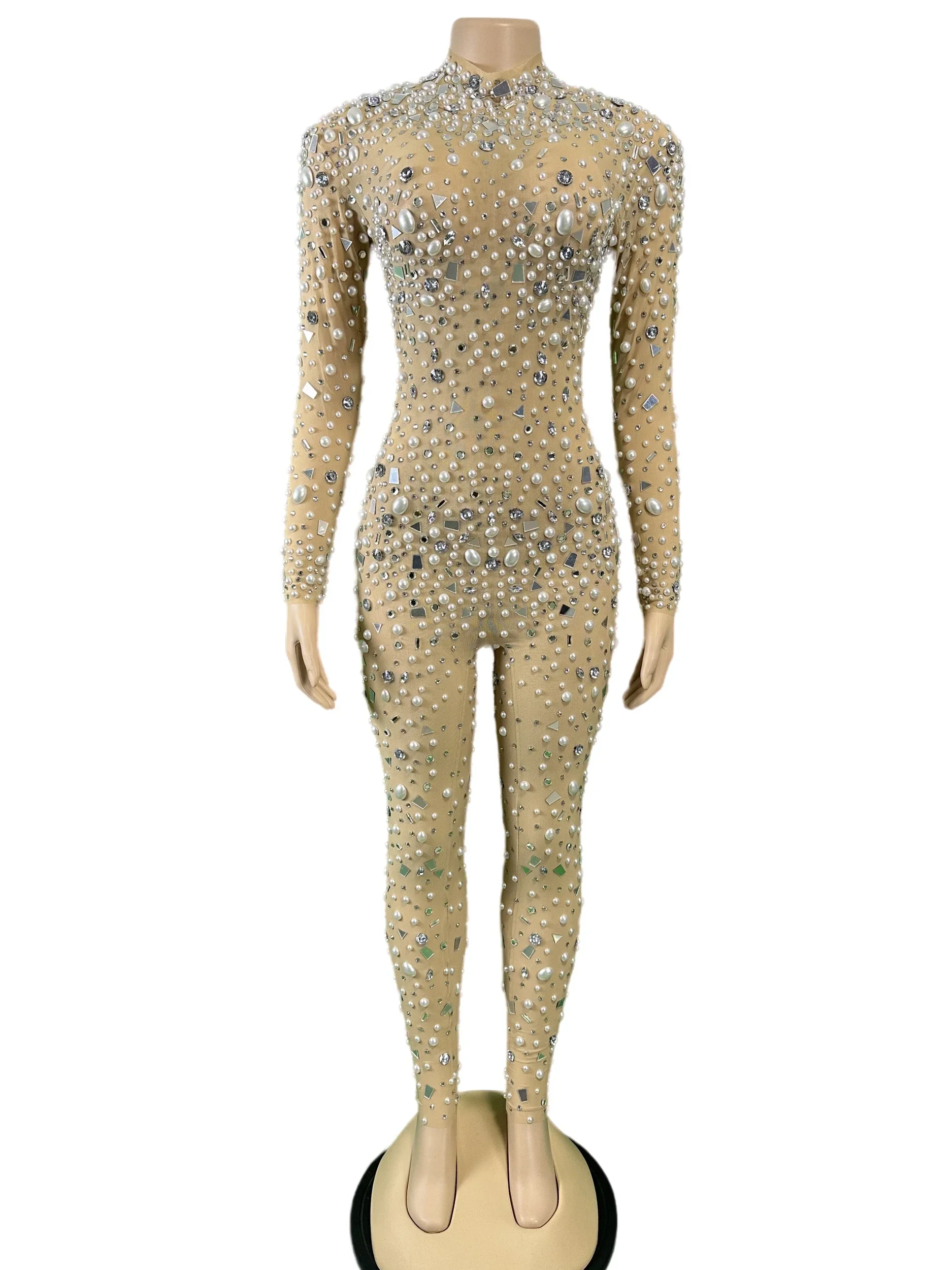 

See Through Mesh Women Sexy Jumpsuits Sparkly Mirror Pearl Rhinestone Rave Romper Long Sleeve Drag Queen Outfit Stage Wear