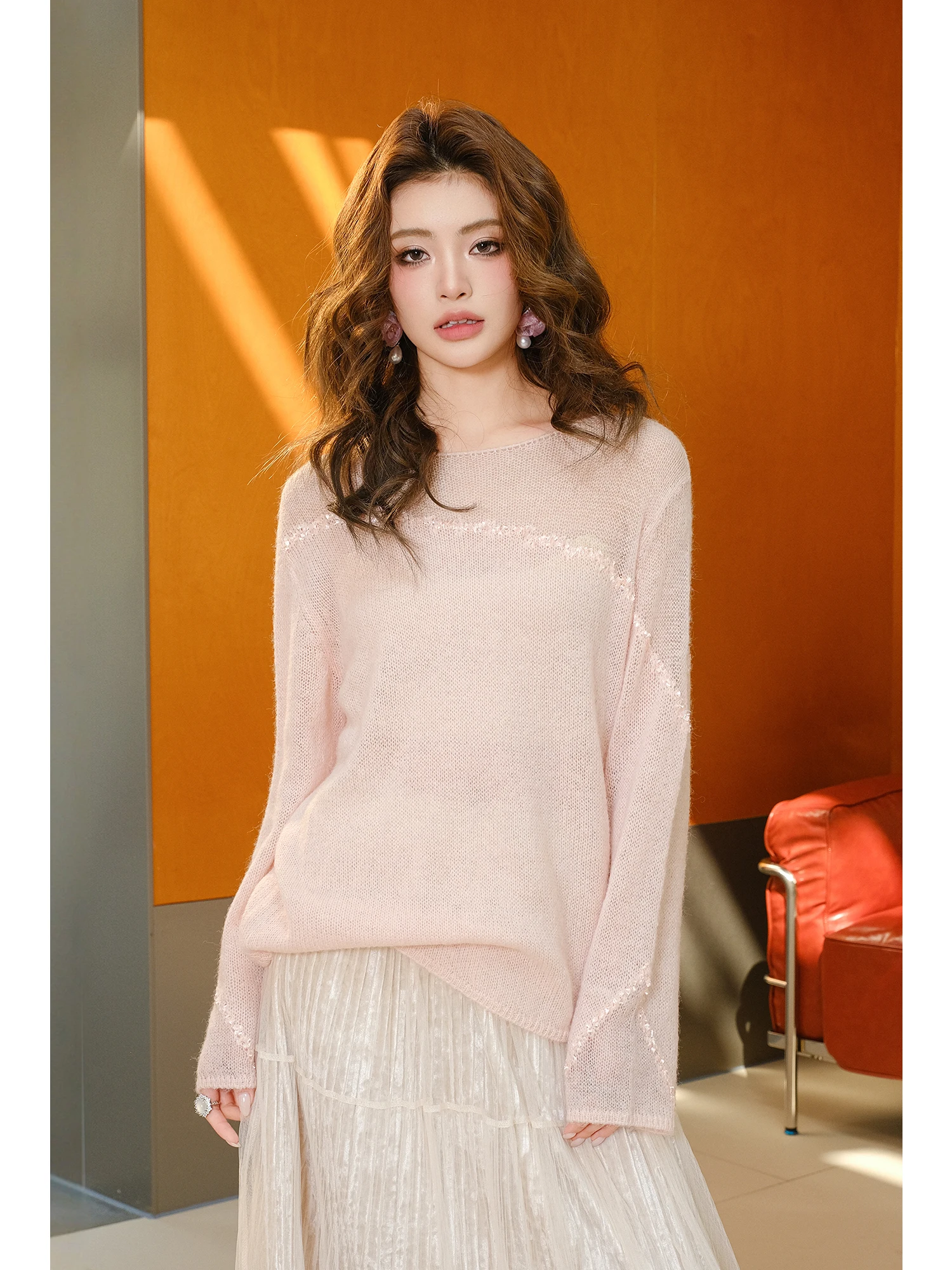 

MIUCO Gentle Wind Set Light Pink Thin Knitted Top Pearl Pleated Skirt One Set Spring Faion Set Women's Casual Wear