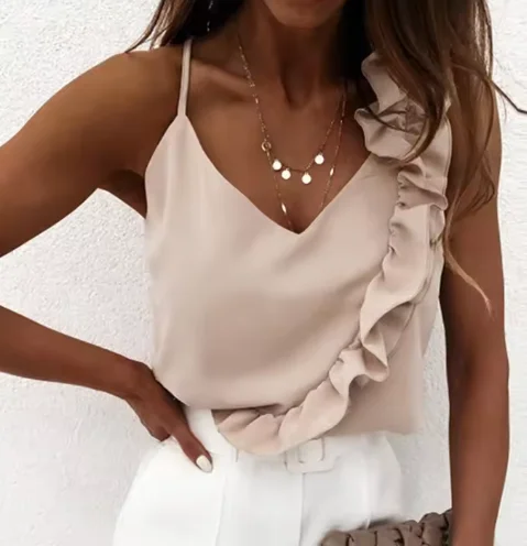 

Женская летняя блузка, рубашки, сексуальные блузки с v-образным вырезом и рюшами, с открытой спиной на тонких бретельках, офисные женские повседневные топы без рукавов