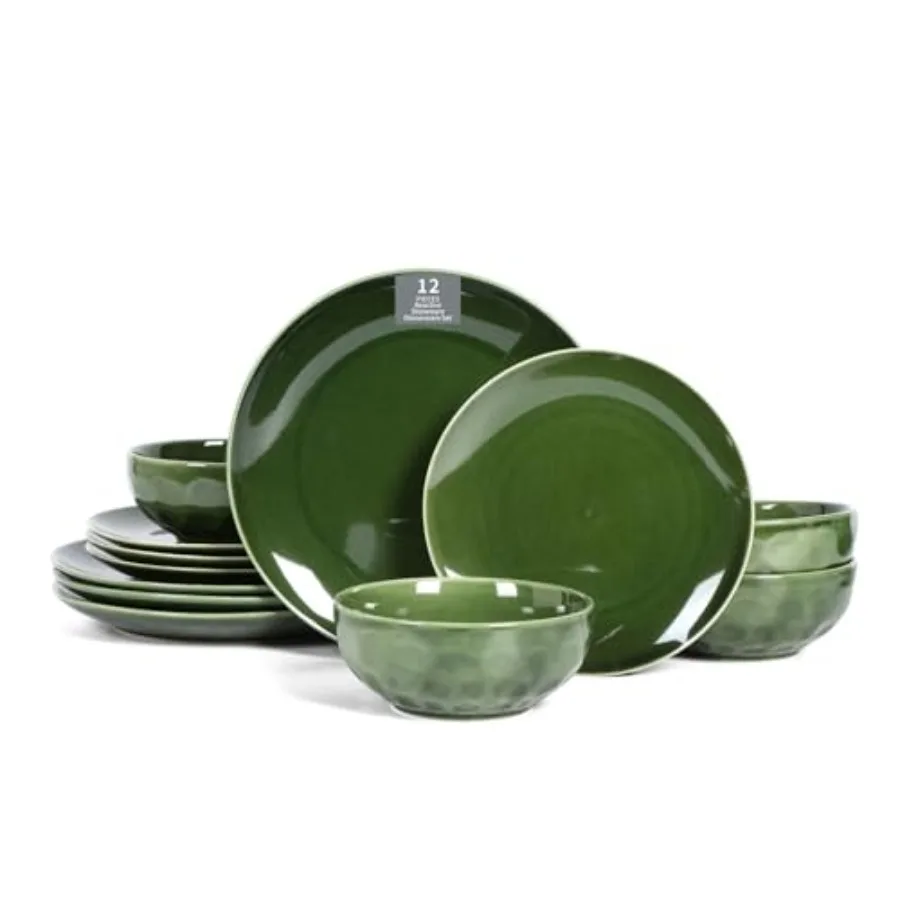 

Ceramic 12 Pieces Dinnerware Set - Dinner Plates Cereal Bowls Salad Plates Set Service for 4 - Scratch Resistant Dishwasher Saf