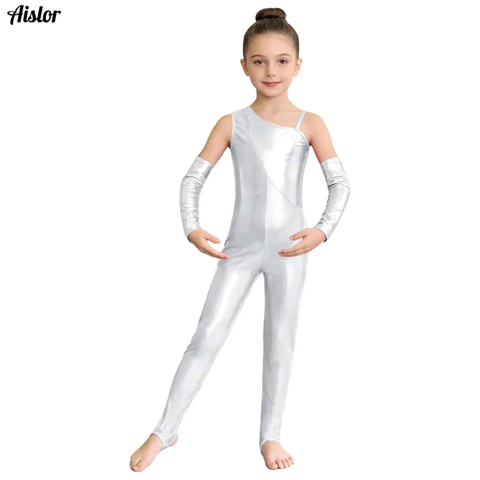 Kids Metallic One Piece Sleeveless Full Body Gymnastics Ballet Dance Leotard Jumpsuit+Glove Girls Stretchy Unitards Dancewear